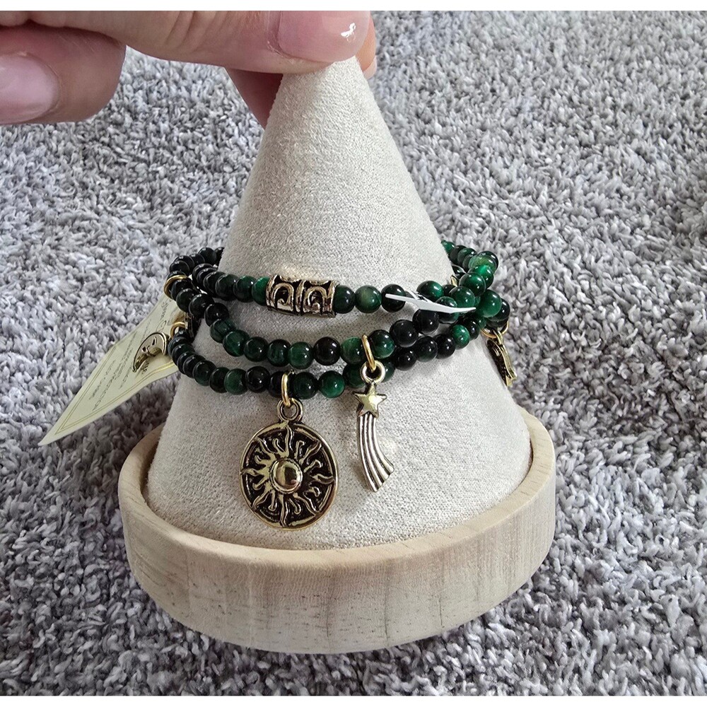Green Tiger Eye Bracelet Set with Alloy Charms
